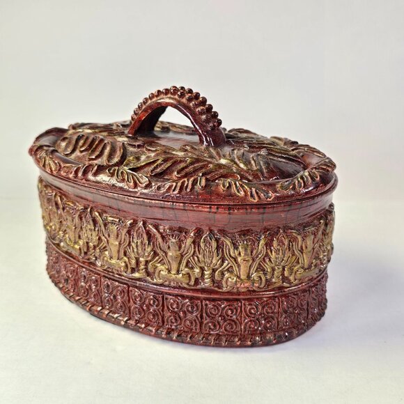 Vintage Ornate Resin Trinket Box w Lid Burgundy Baroque Style Oval Jewelry Box - Picture 2 of 16
